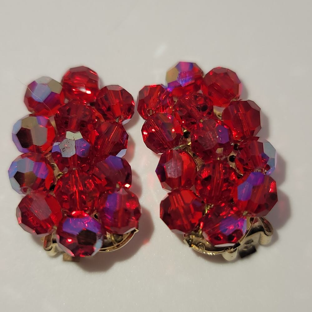Vintage Red Aurora Borealis Bead Cluster Clip-on Earrings Right & Left